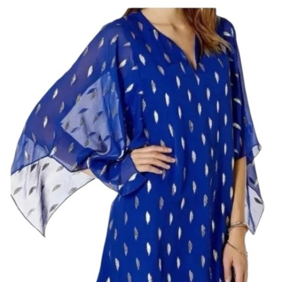 Lilly Pulitzer Shalynn Silk Caftan 
Navy Gold semi-sheer scarf sleeves Size 2 - Picture 14 of 14